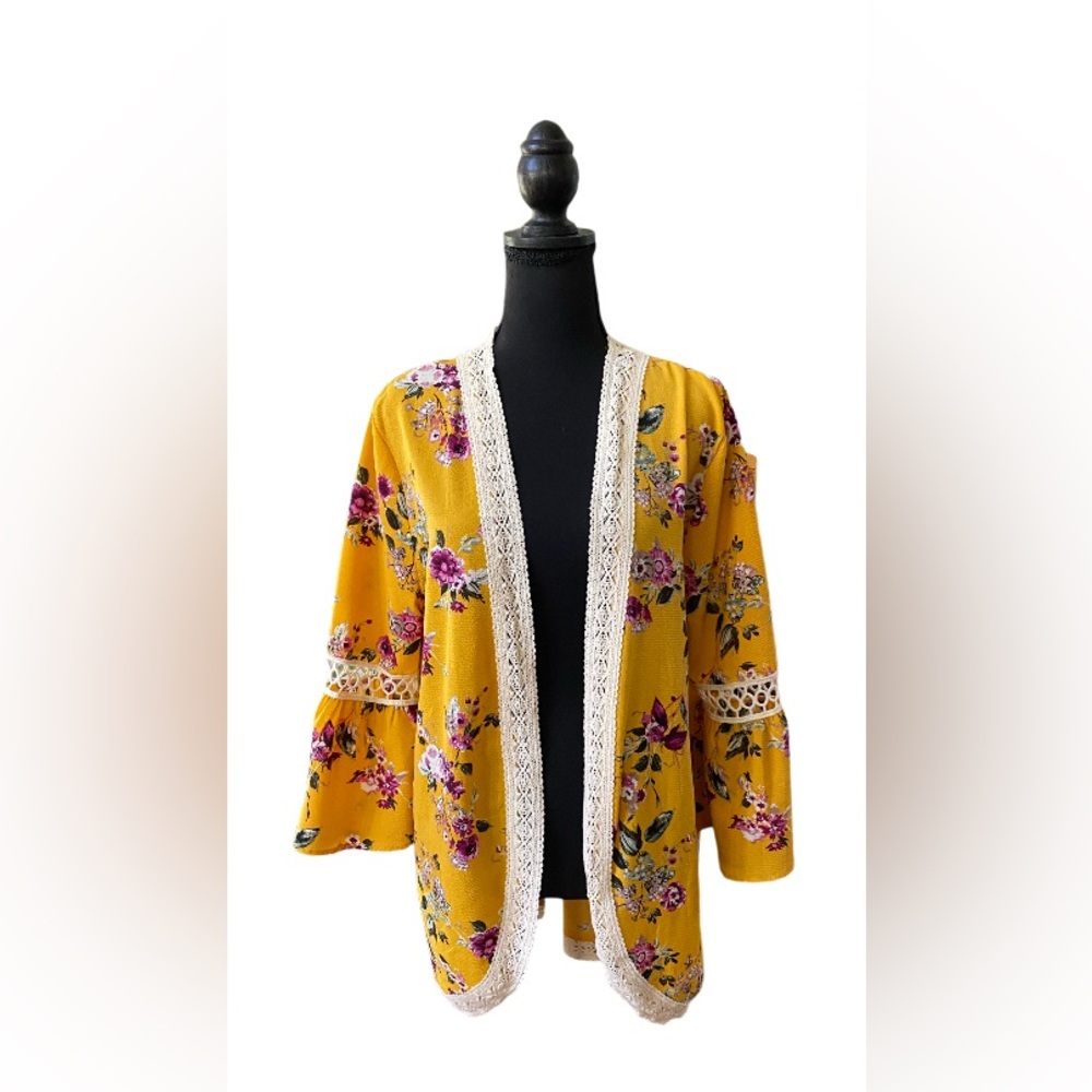 NoBo: Yellow BoHo Floral Cardigan with Lace Trim